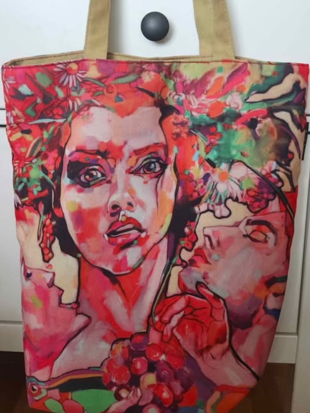 Women's canvas tote bag featuring colourful artwork